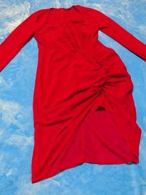 Red Ruched Long-Sleeve Dress – Elegant Evening Dress ❤️